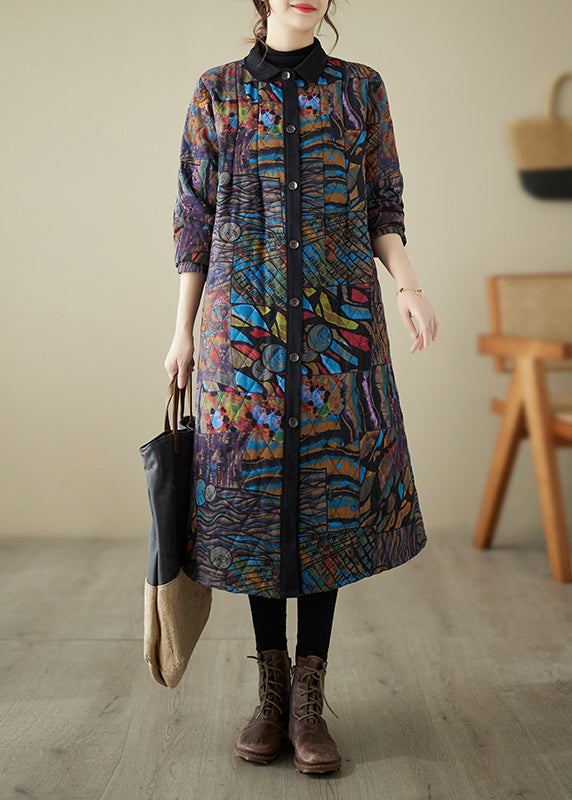 Loose Multi Print ButtonPockets Cotton Filled Parka Long Sleeve
