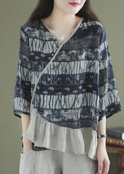 Loose Navy Asymmetrical Print Shirt Tops Half Sleeve