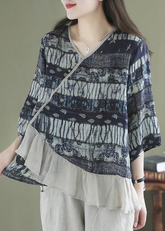 Loose Navy Asymmetrical Print Shirt Tops Half Sleeve