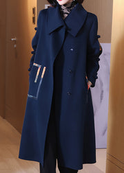 Loose Navy Button Pockets Wool Coats Long Sleeve