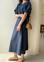 Loose Navy Cotton Vacation Loose Dresses Short Sleeve