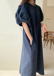 Loose Navy Cotton Vacation Loose Kleider Kurzarm