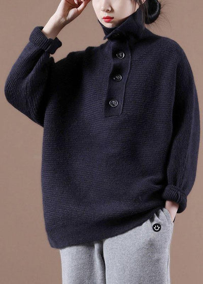 Loose Navy High Neck Button Fall Knit Sweater - bagstylebliss