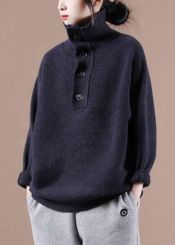 Loose Navy High Neck Button Fall Knit Sweater - bagstylebliss