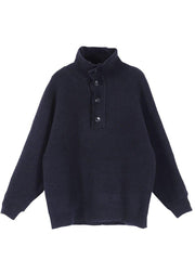 Loose Navy High Neck Button Fall Knit Sweater - bagstylebliss
