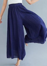 Loose Navy High Waist Solid Color Linen Wide Leg Pants Summer