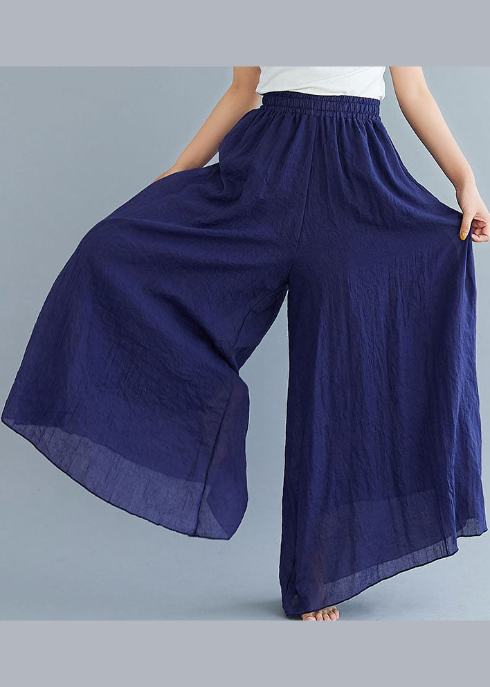 Lose marineblaue einfarbige Leinenhose mit weitem Bein und hoher Taille Sommer