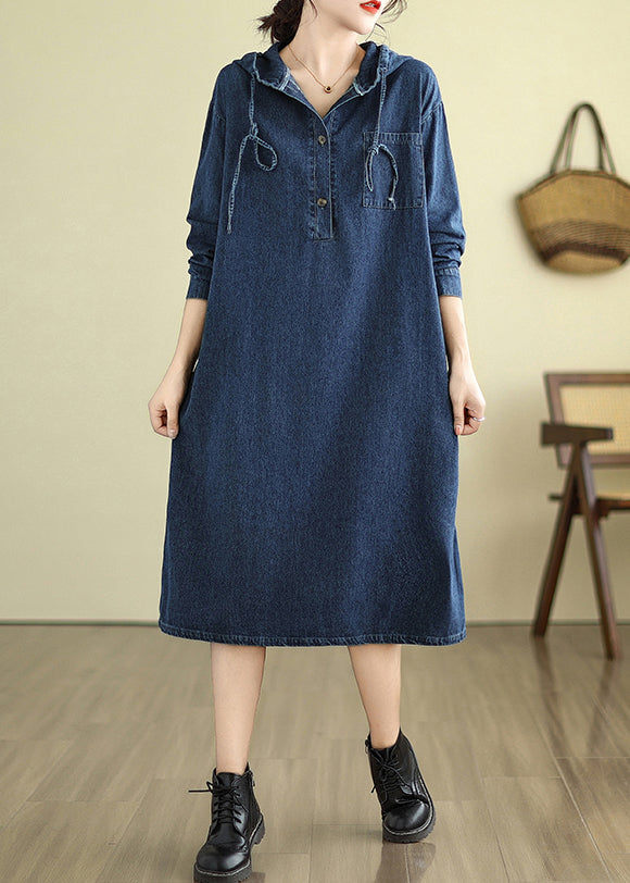 Loose Navy Hooded Button Pockets Denim Dresses Fall