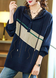 Loose Navy Hooded Button Zircon Patchwork Top Fall