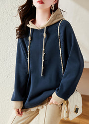 Loose Navy Hooded Nail Bead Patchwork Fleece Sweatshirt Long Sleeve