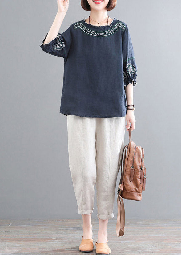 Loose Navy O-Neck Top And Corp Pants Two-Piece Set Summer