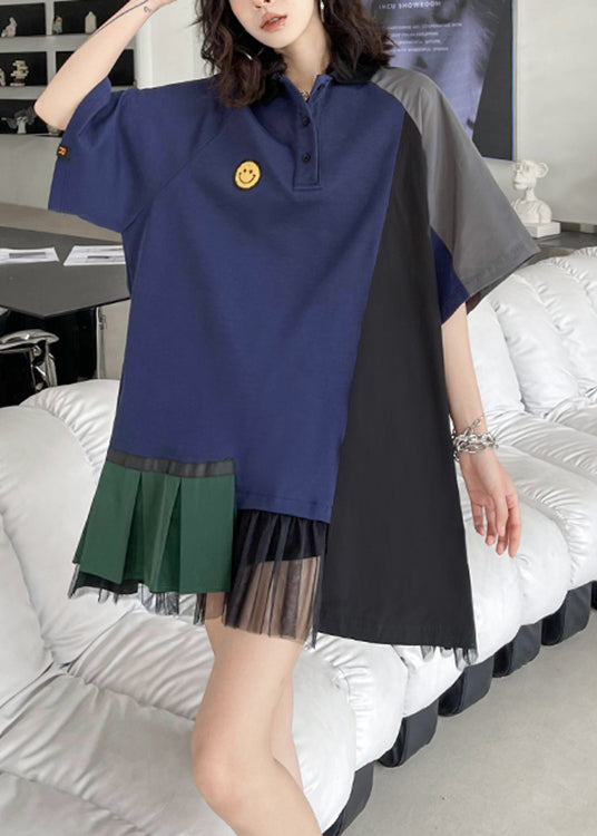 Loose Navy Peter Pan Collar Asymmetrical Patchwork Cotton Mid Dress Summer