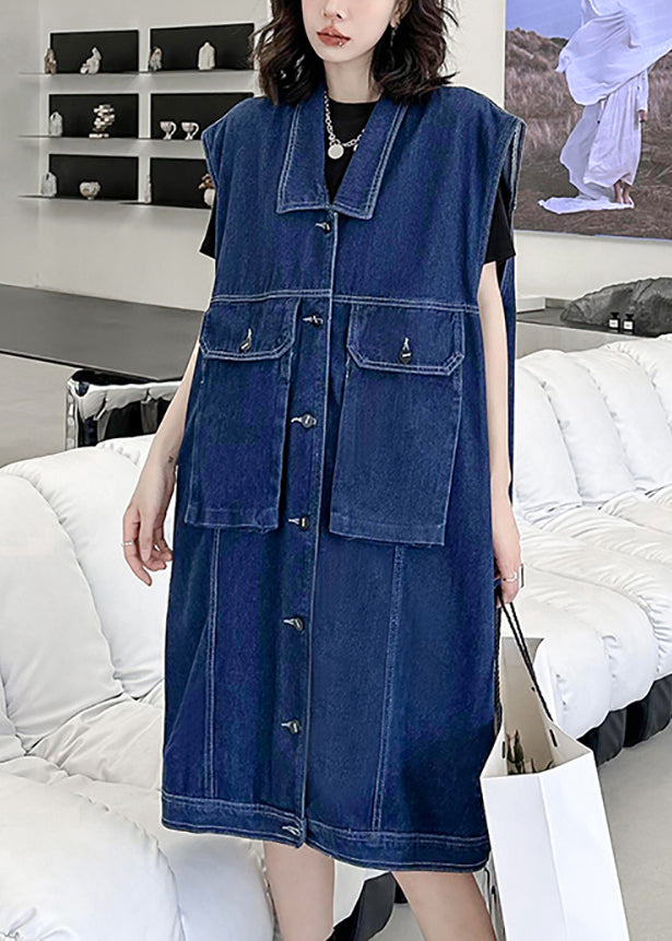 Loose Navy Peter Pan Collar Button Patchwork Denim Long Waistcoat Sleeveless