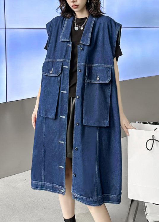 Loose Navy Peter Pan Collar Button Patchwork Denim Long Waistcoat Sleeveless