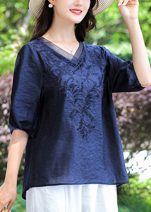 Loose Navy V Neck Embroidered Patchwork Cotton T Shirt Half Sleeve