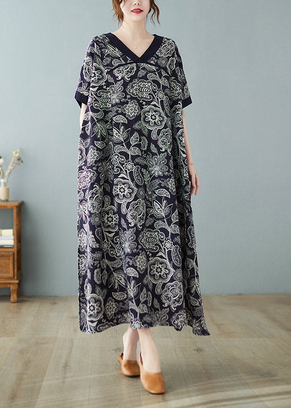 Lose Navy V-Ausschnitt Print seitlich offene Kleider Kurzarm