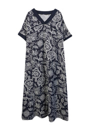 Loose Navy V Neck Print side open Dresses Short Sleeve