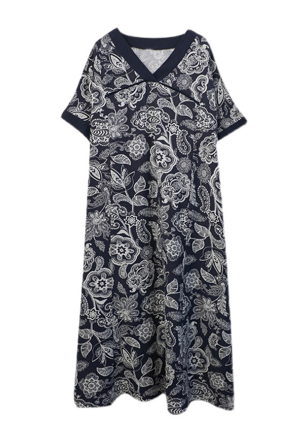 Lose Navy V-Ausschnitt Print seitlich offene Kleider Kurzarm