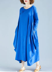 Loose O Neck Asymmetric Spring Wardrobes Fabrics Blue A Line Dress - bagstylebliss