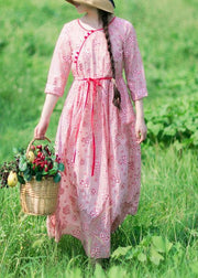 Loose O Neck Drawstring Summer Tunic Work Pink Print Art Dresses - bagstylebliss