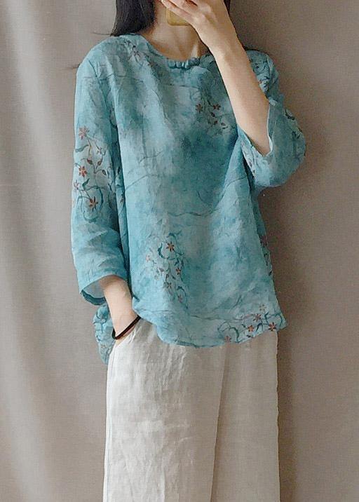 Loose O Neck Half Sleeve Shirts Blue Print Shirt - bagstylebliss