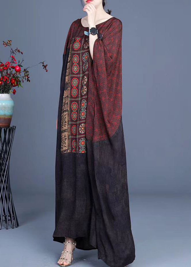 Loose O-Neck Patchwork Asymmetrical Design Print Silk Long Dresses Batwing Sleeve