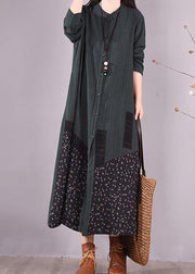 Loose O Neck Pockets Spring Clothes Design Blackish Green Patchwork Print Dresses - bagstylebliss
