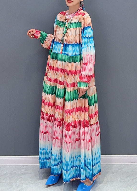 Loose O-Neck Print Patchwork Long Dresses Long Sleeve