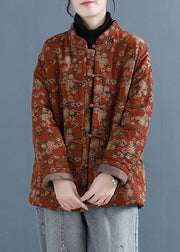 Loose Orange Button Print Cotton Filled Parka Long Sleeve