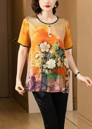 Loose Orange O Neck Print Patchwork Silk T Shirt Summer