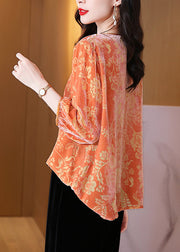 Loose Orange O Neck Print Patchwork Silk Velour Shirt Tops Fall