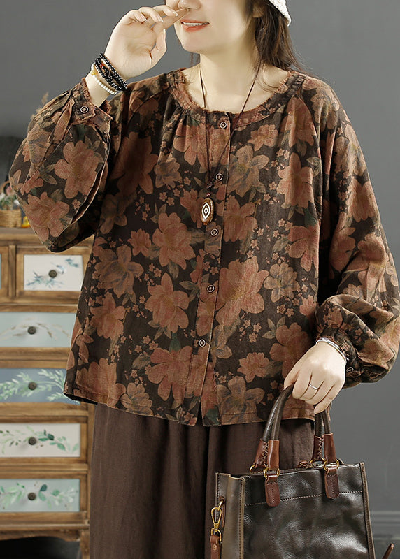 Loose Orange Oversized Print Linen Blouse Top Spring