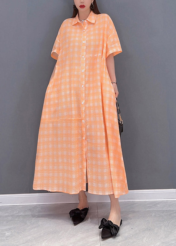 Loose Orange Peter Pan Collar Button Pockets Plaid Long Dress Short Sleeve