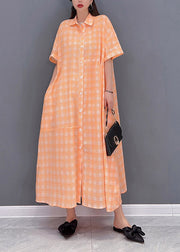 Loose Orange Peter Pan Collar Button Pockets Plaid Long Dress Short Sleeve