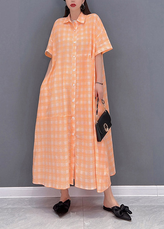 Lose Orange Bubikragen Knopf Taschen Plaid Langes Kleid Kurzarm