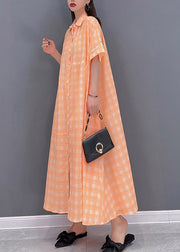 Lose Orange Bubikragen Knopf Taschen Plaid Langes Kleid Kurzarm