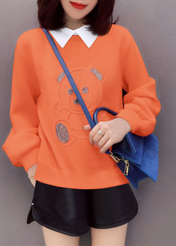 Loose Orange PeterPan Collar Print Casual Fall Pullover Street wear