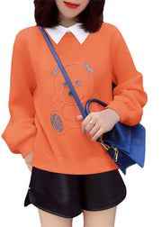 Loose Orange PeterPan Collar Print Casual Fall Pullover Street wear