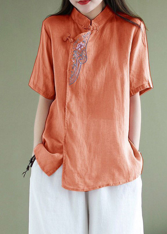 Loose Orange Stand Collar Embroidered Button Shirt Short Sleeve