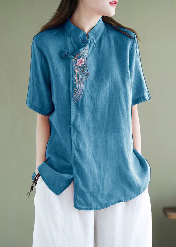 Loose Orange Stand Collar Embroideried Button Shirt Short Sleeve