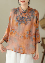 Loose Orange Stand Collar Embroideried Print Cotton Shirt Bracelet Sleeve