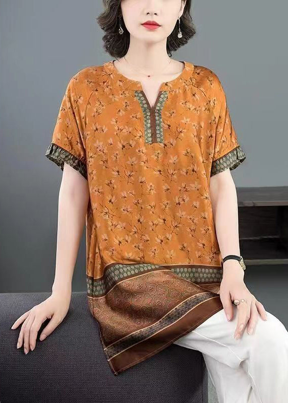 Loose Orange V Neck Print Side Open Patchwork Silk T Shirts Summer