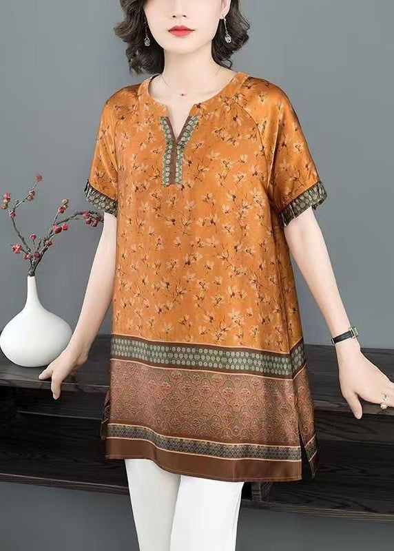 Loose Orange V Neck Print Side Open Patchwork Silk T Shirts Summer