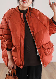 Loose Orange Zip Up Pockets Duck Down Winter Coats Winter