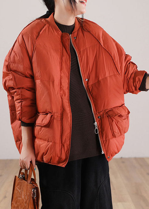 Loose Orange Zip Up Pockets Duck Down Winter Coats Winter