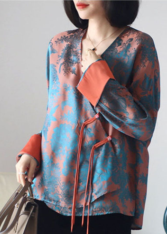 Loose Orange buttonV Neck print Silk Shirt Top Long Sleeve