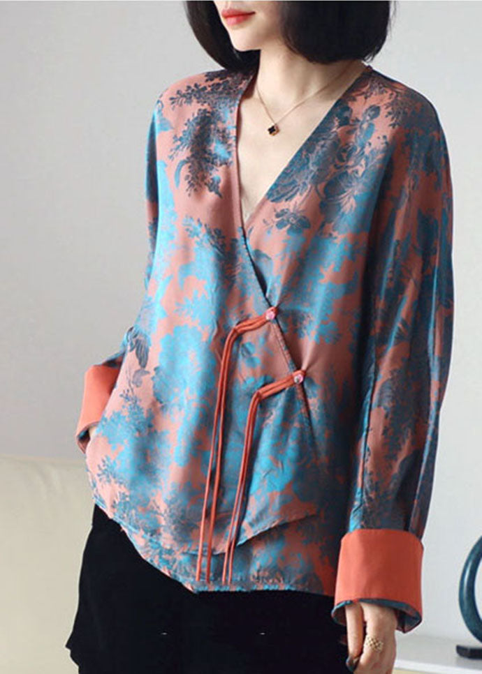 Loose Orange buttonV Neck print Silk Shirt Top Long Sleeve