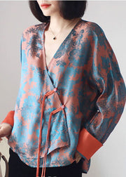 Loose Orange buttonV Neck print Silk Shirt Top Long Sleeve