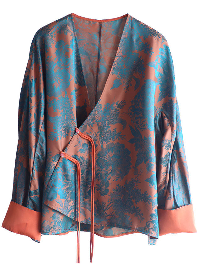 Loose Orange buttonV Neck print Silk Shirt Top Long Sleeve