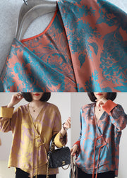 Loose Orange buttonV Neck print Silk Shirt Top Long Sleeve